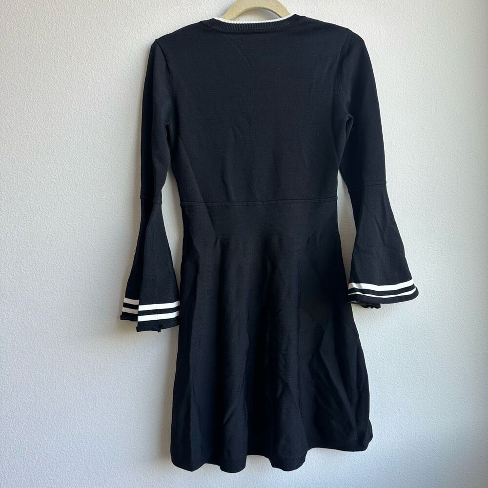 Eliza J Black White Stripe Trim Bell Sleeve Fit & Flare Dress Size Small - Picture 6 of 7